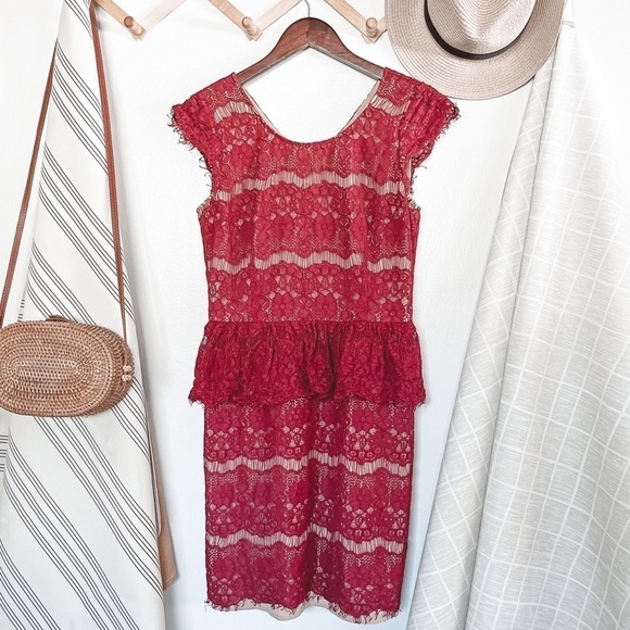 Anthropologie Maeve Wine Lace Elsa Peplum Dress - Picture 2 of 4